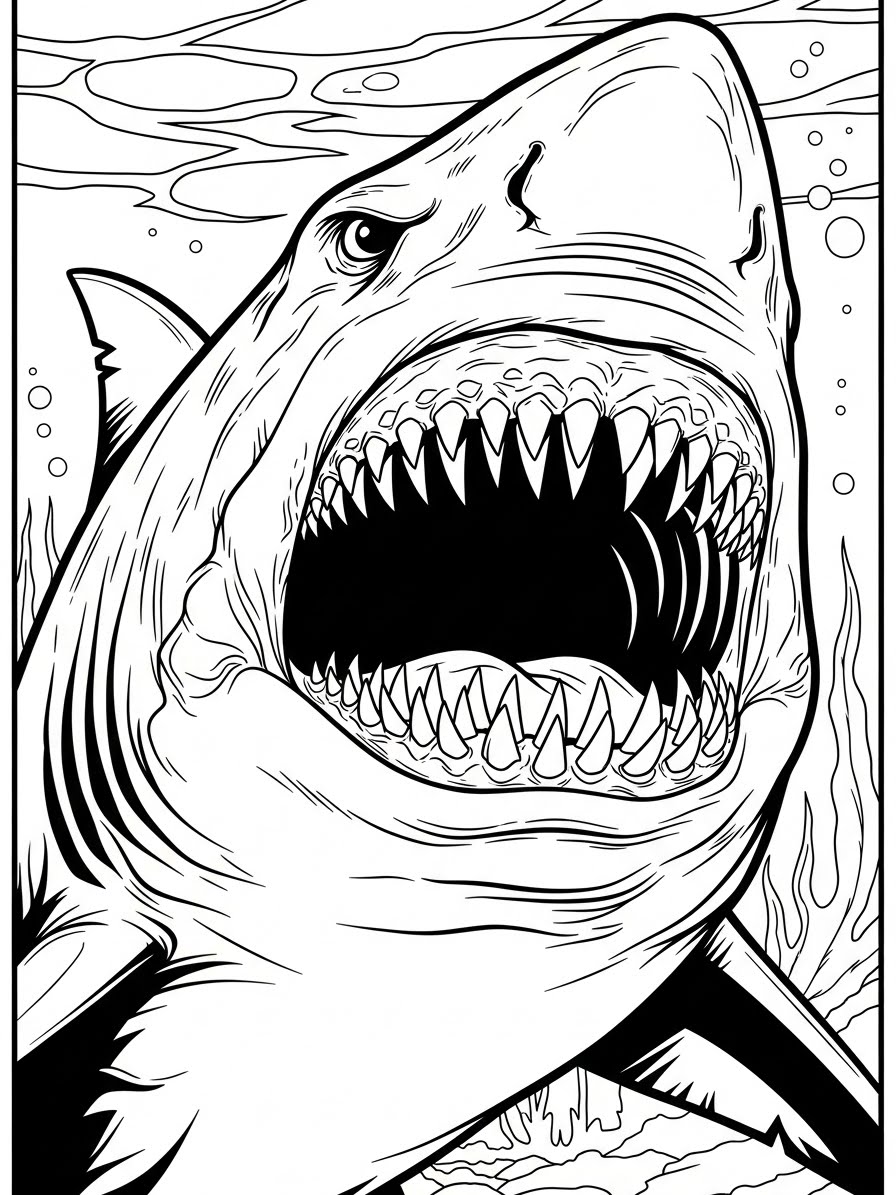 Desenho de Tubarão feroz no mar para colorir