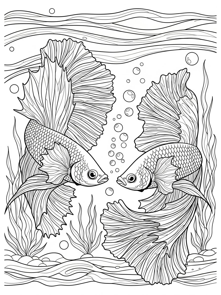Desenho de Peixe colorido nadando em aquario para colorir