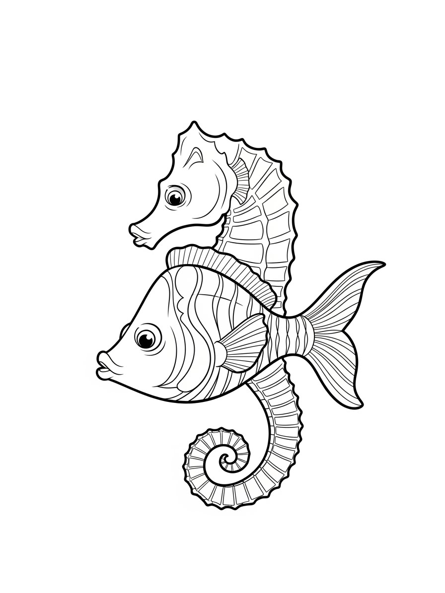 Desenho de Cavalo Marinho e Peixe para colorir
