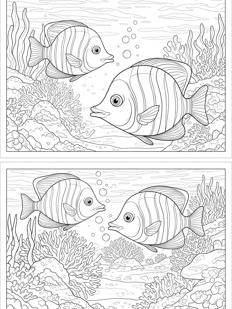 Desenho de Peixes Coloridos em meio ao coral para colorir