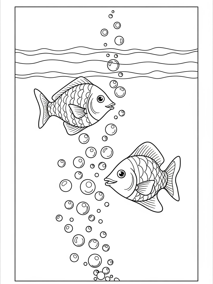 Desenho de Peixes com bolhas no fundo do mar para colorir