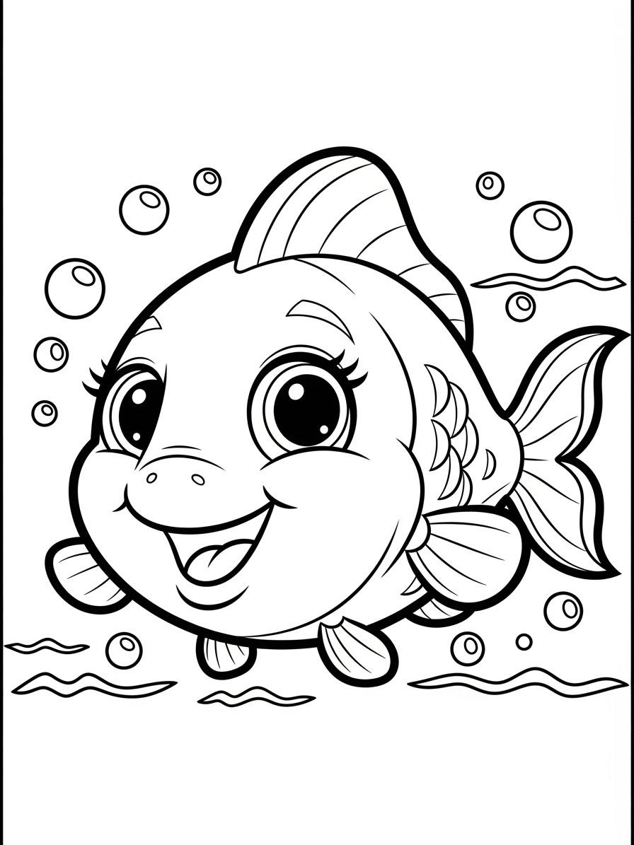 Desenho de Peixe Fofo com bolhas para colorir