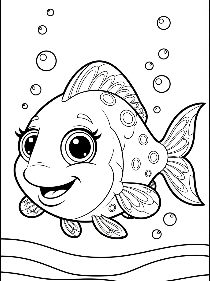 Desenho de Peixe Fofinho com bolhas para colorir