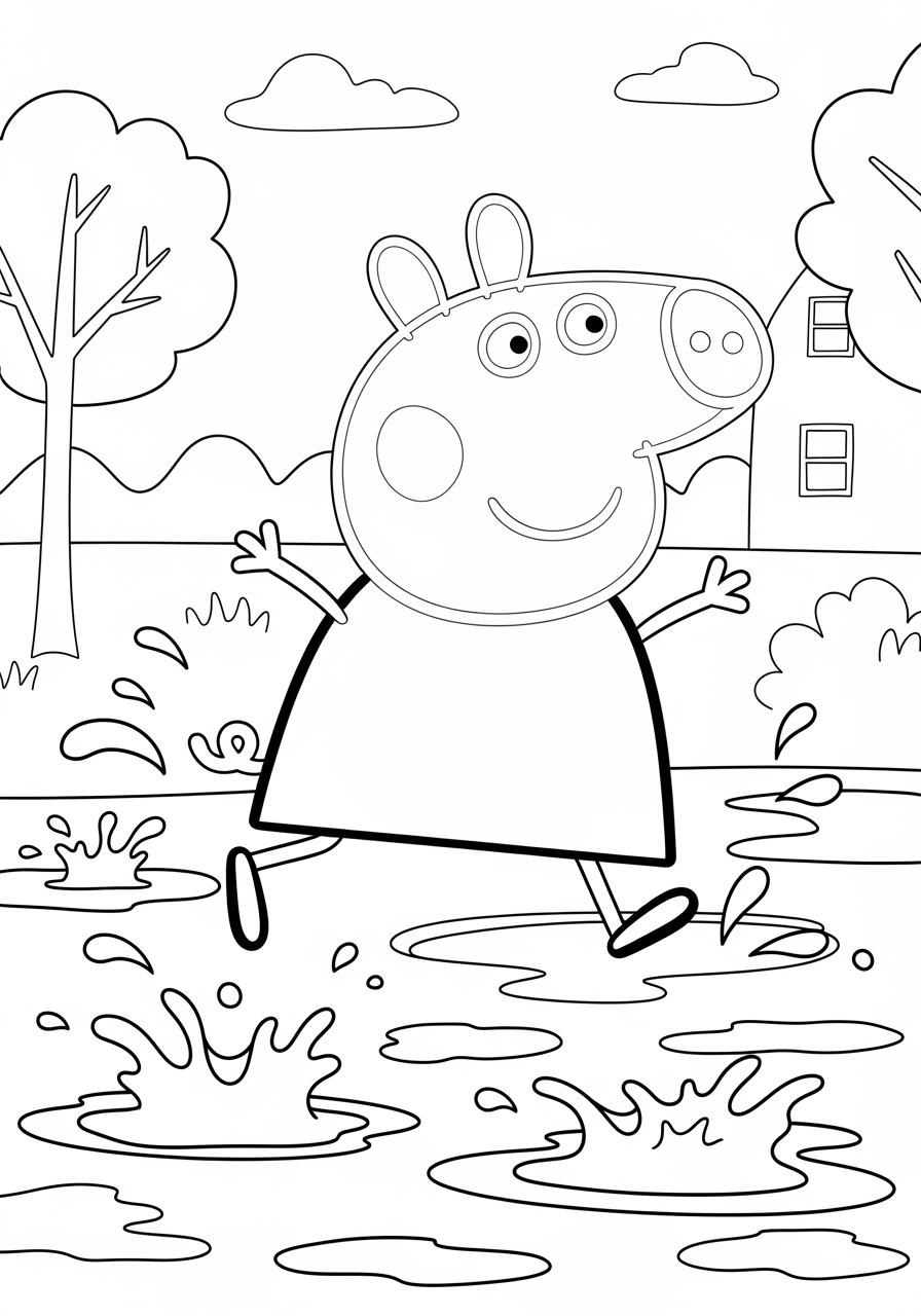 Desenho da Peppa Pig pulando em poças para colorir