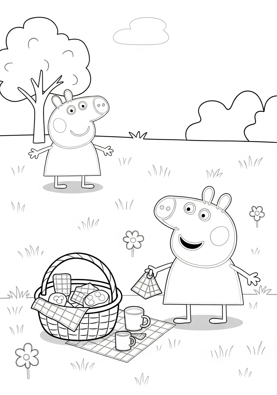 Desenho da Peppa Pig e George fazendo piquenique para colorir