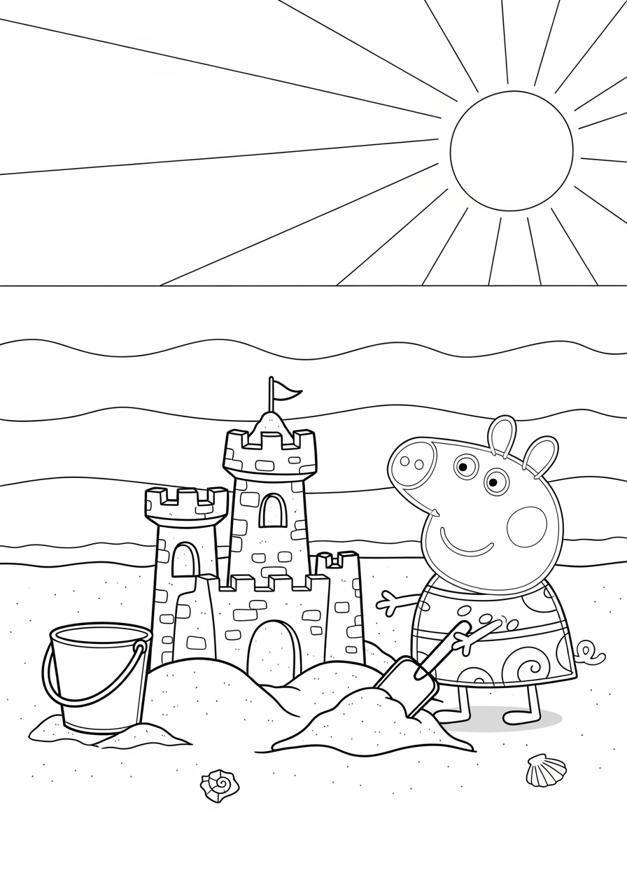 Desenho da Peppa Pig construindo castelo de areia para colorir