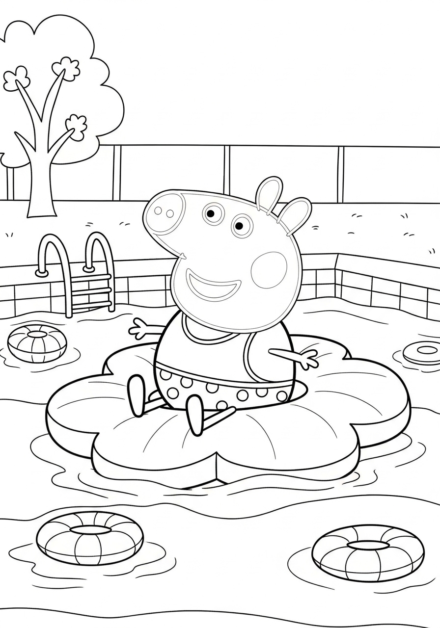 Desenho da Peppa Pig sentada em uma flor na piscina