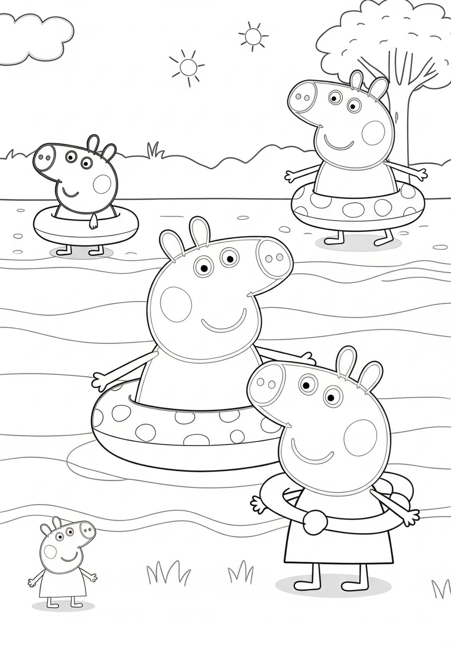 Desenho da Peppa Pig e sua família na piscina para colorir