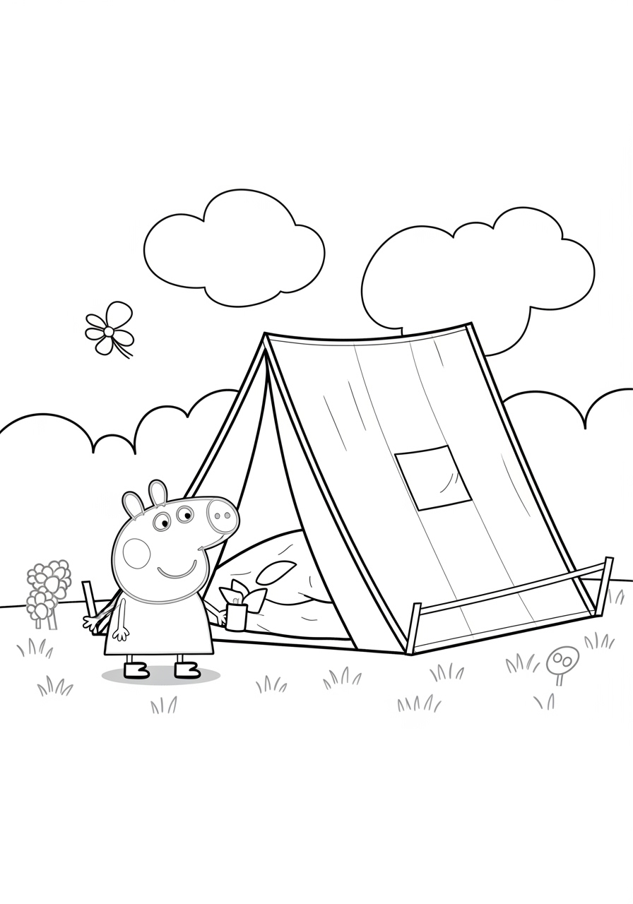 Desenho da Peppa Pig acampando com uma barraca para colorir