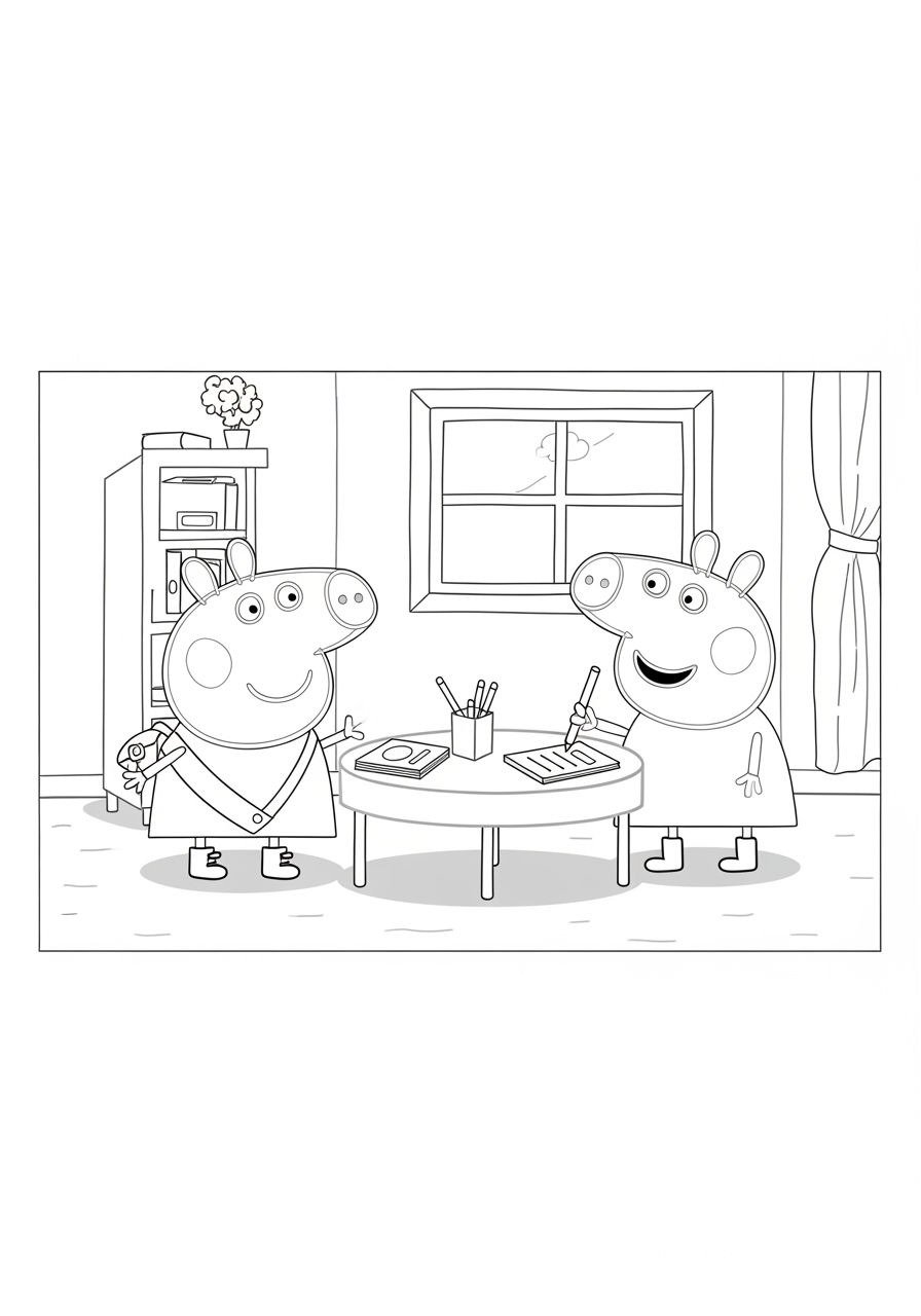 Desenho da Peppa Pig e George desenhando em uma mesa