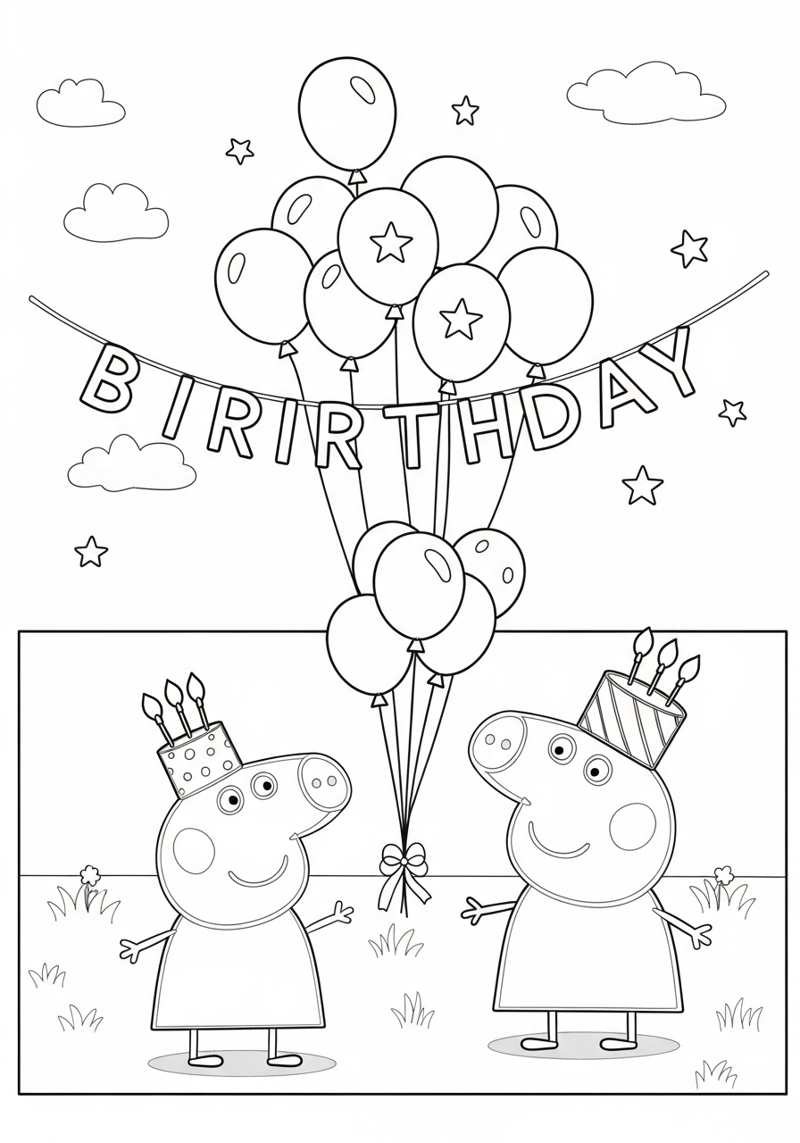 Desenho de Peppa Pig e George com balões para colorir