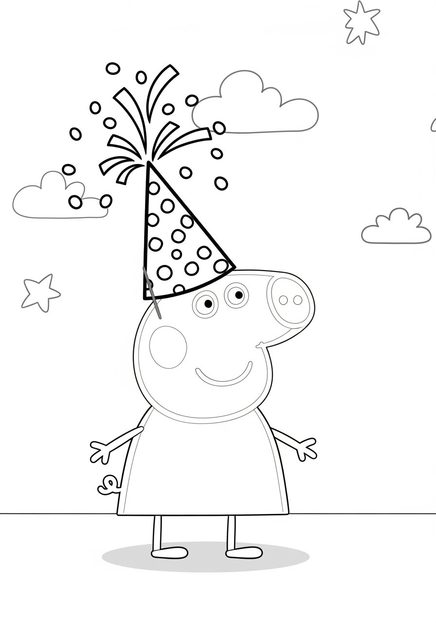 Desenho da Peppa Pig com chapéu de festa para colorir