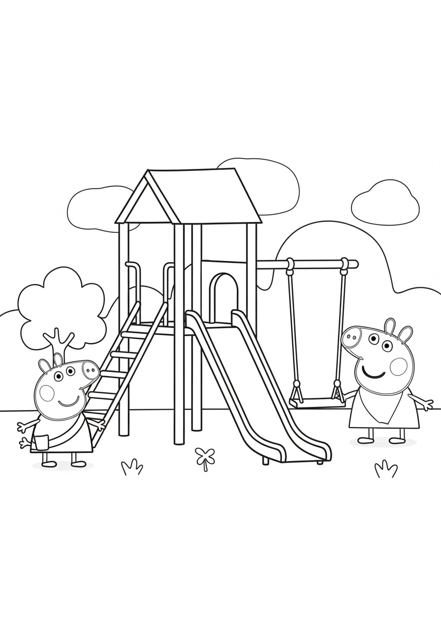 Desenho da Peppa Pig e George no parque para colorir