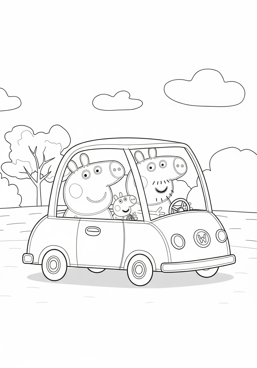 Desenho da Peppa Pig George Mamãe Pig e Papai Pig no carro