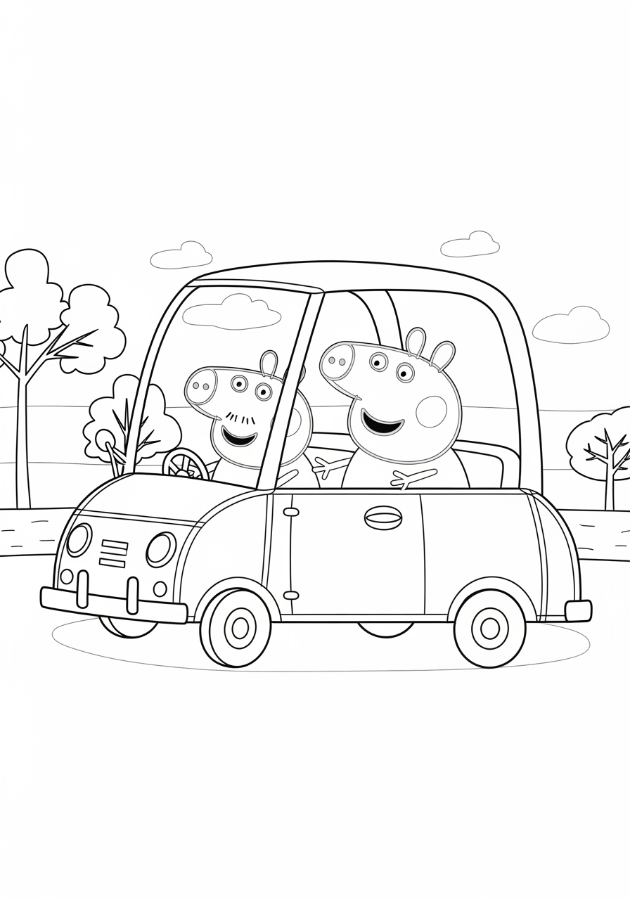 Desenho da Peppa Pig e George em carro para colorir
