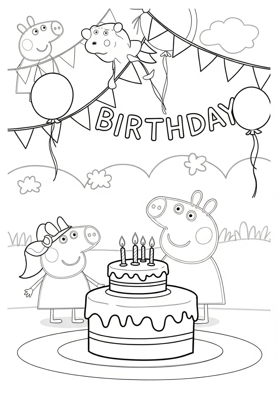 Desenho da Peppa Pig e George com bolo de aniversário