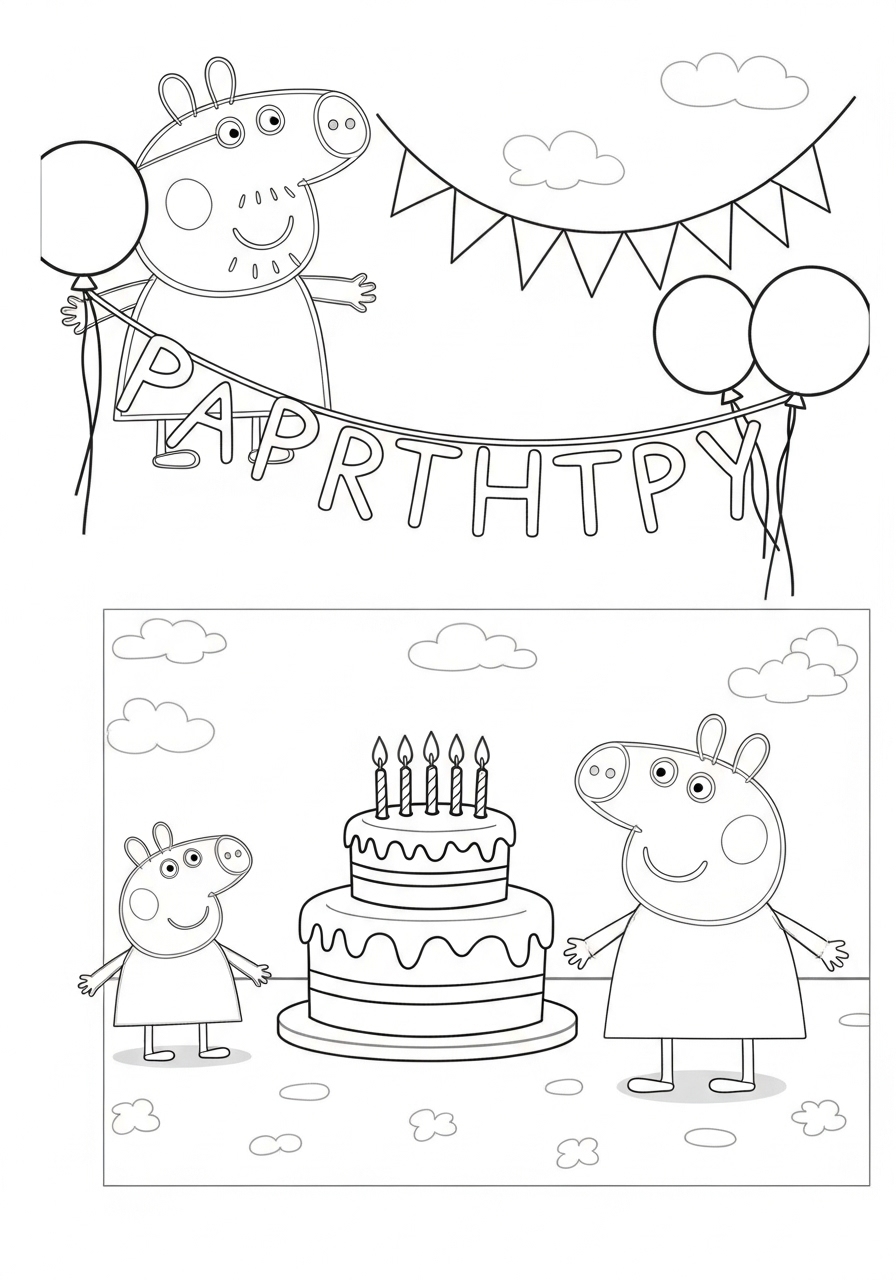Desenho da Peppa Pig e George com balões e um bolo