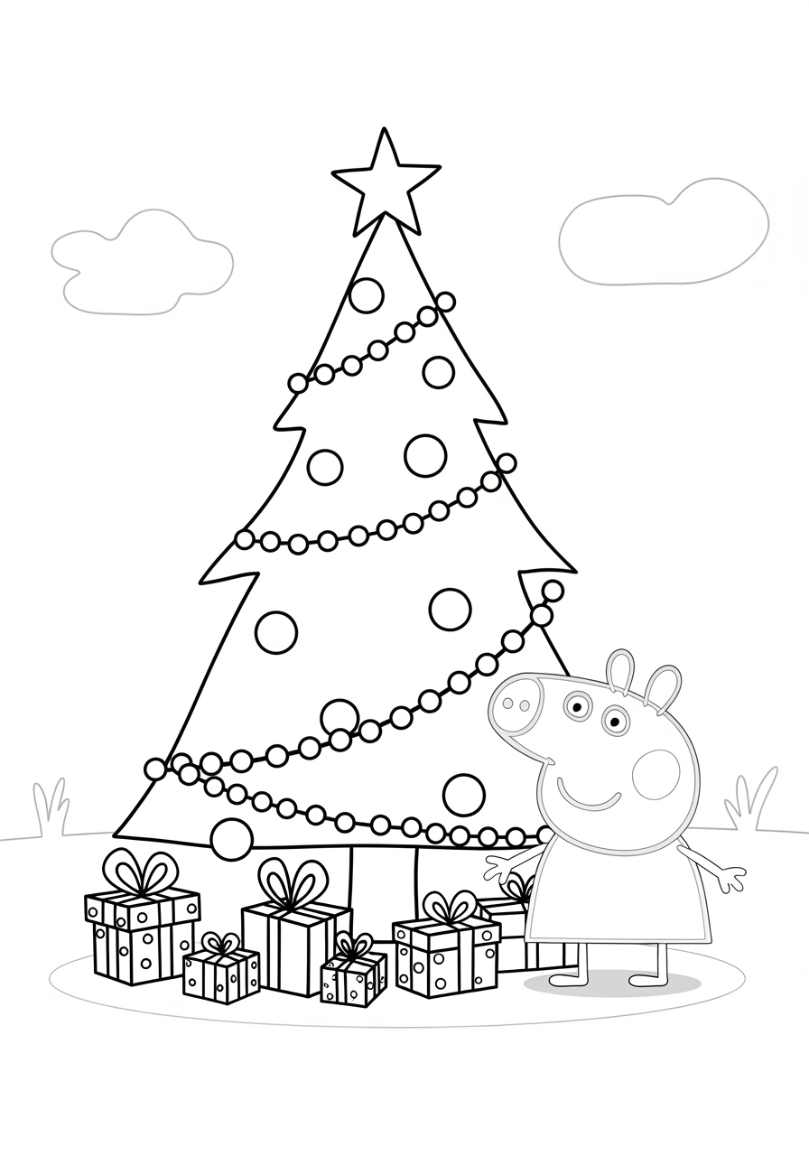 Desenho da Peppa Pig com árvore de Natal e presentes para colorir