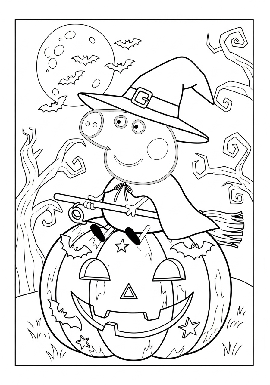Desenho da Peppa Pig vestida de bruxa para colorir