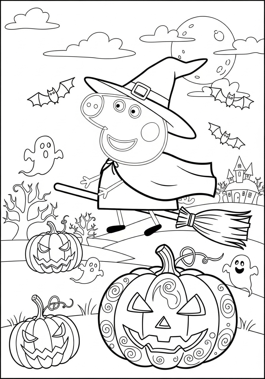Desenho do George Pig vestido de bruxa para colorir