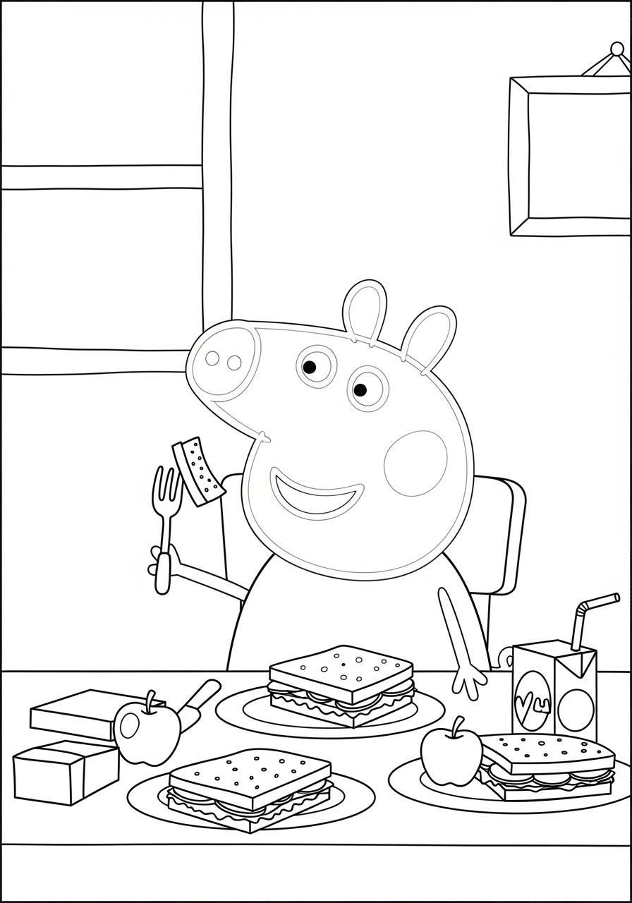 Desenho da Peppa Pig comendo um sanduíche para colorir