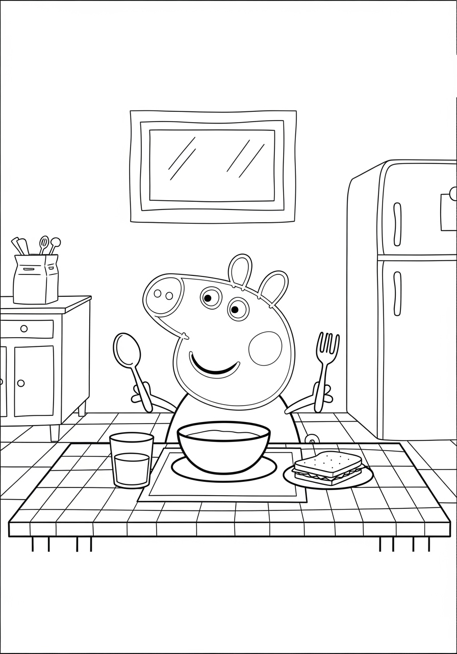 Desenho da Peppa Pig sentada à mesa com comida para colorir