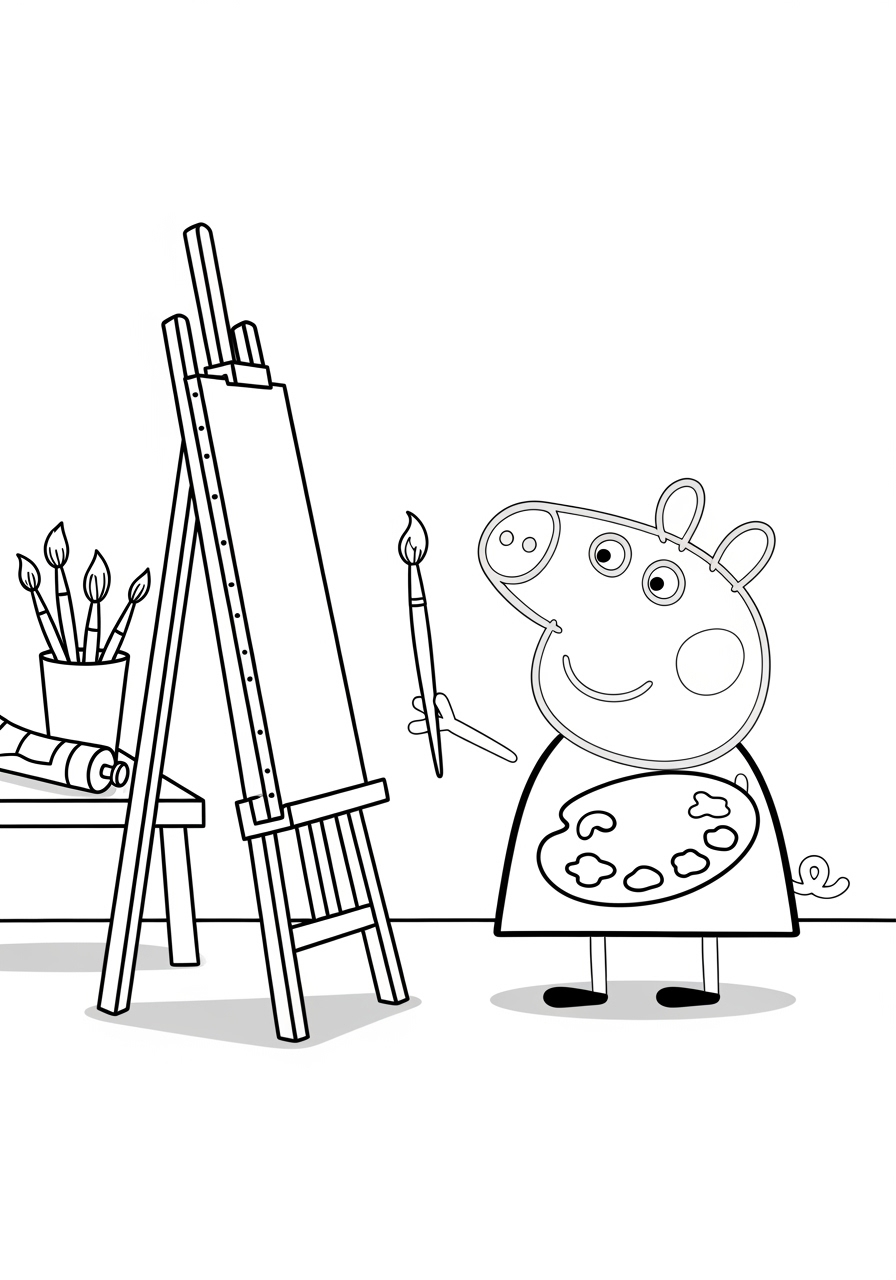 Desenho da Peppa Pig pintando em um cavalete para colorir