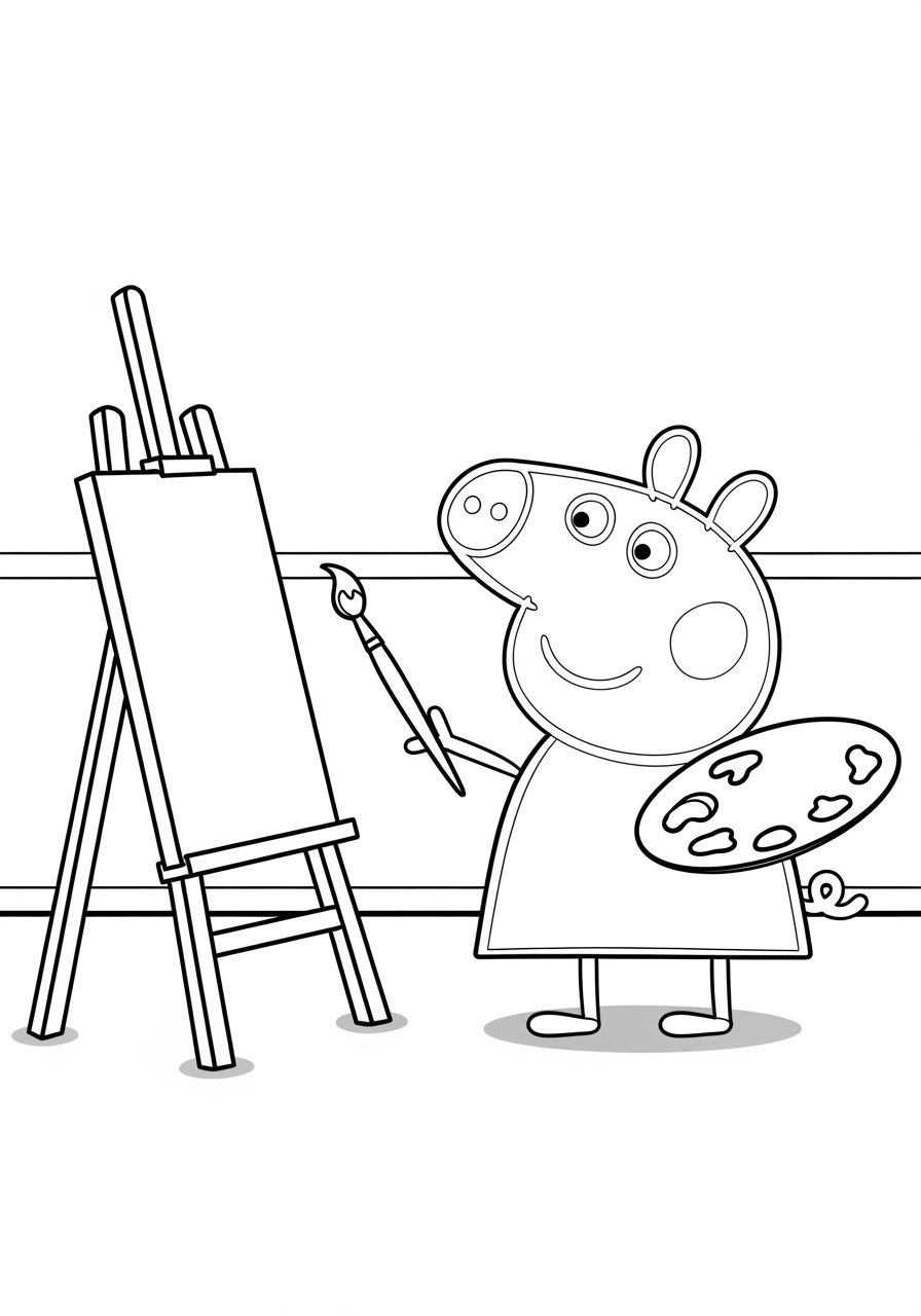 Desenho da Peppa Pig pintando em um cavalete para colorir