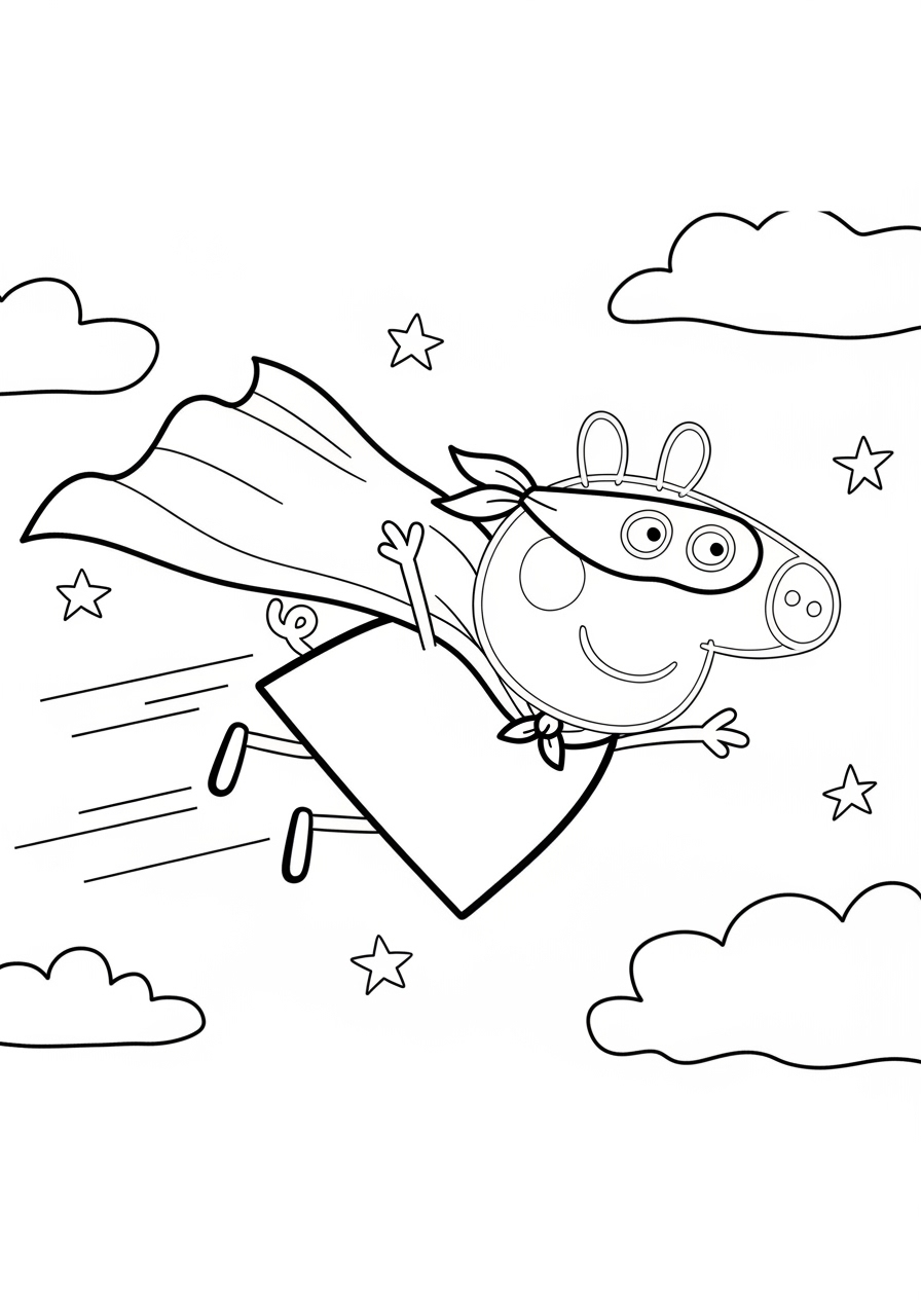 Desenho da Peppa Pig super-heroína voando entre nuvens