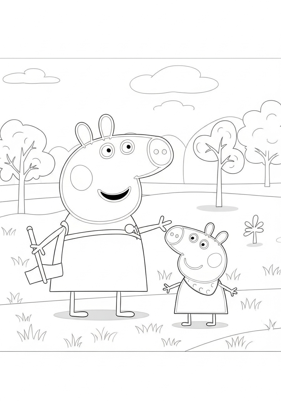 Desenho da Mamãe Pig e George na natureza para colorir