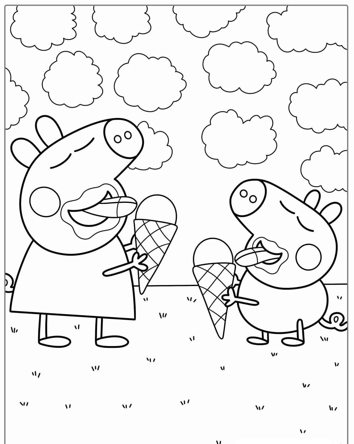 Desenho da Peppa Pig e George com sorvetes para colorir