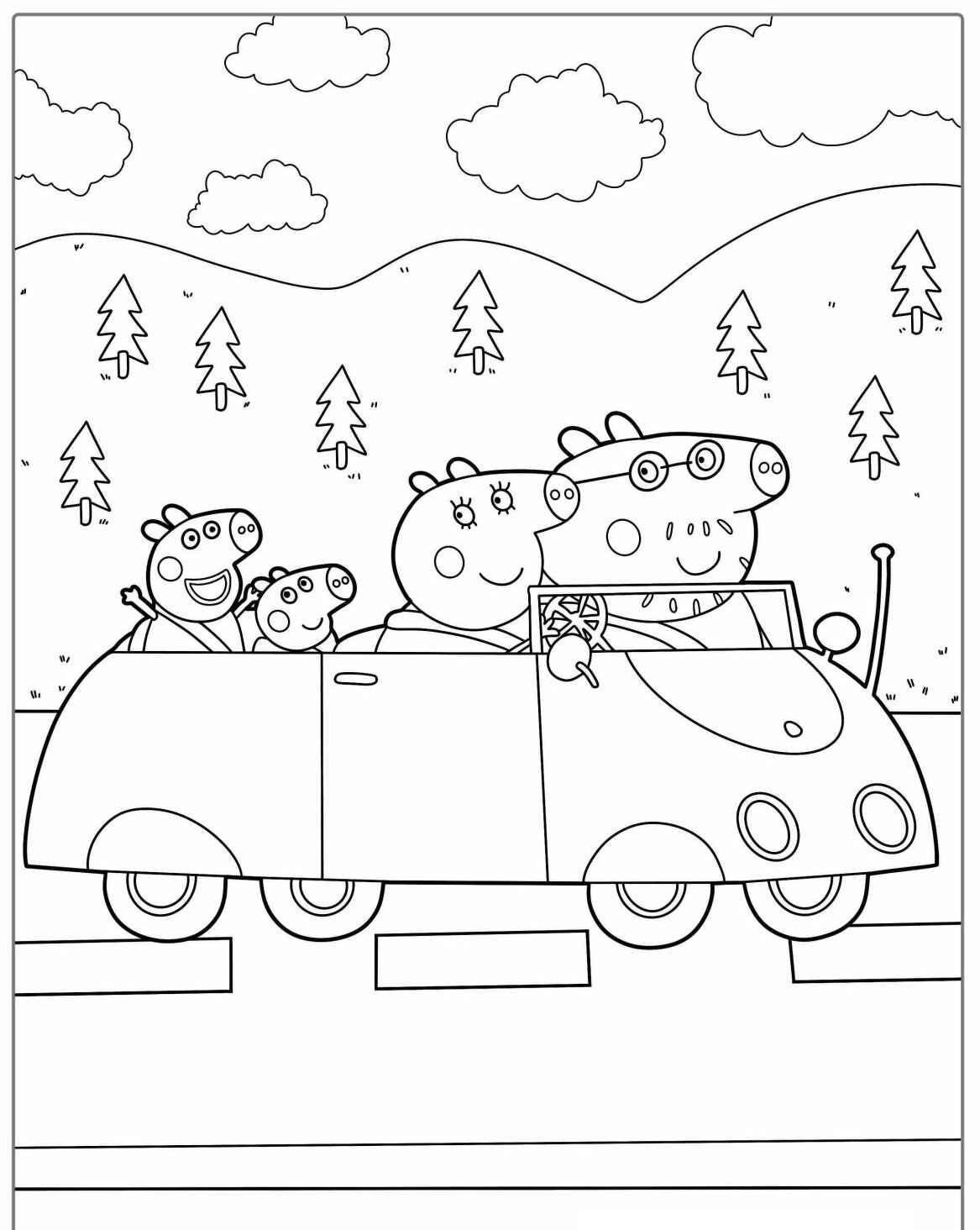 Desenho da Peppa Pig com George Mamãe Pig e Papai Pig no carro