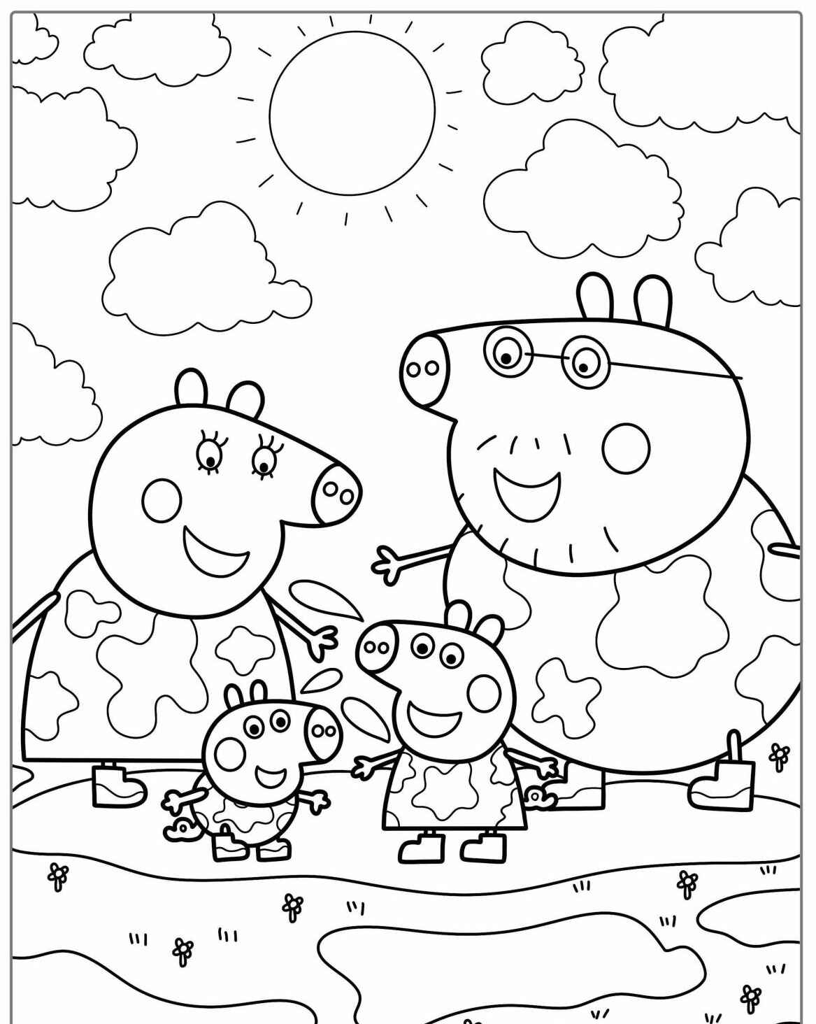 Desenho da Peppa Pig e sua família sorrindo ao sol