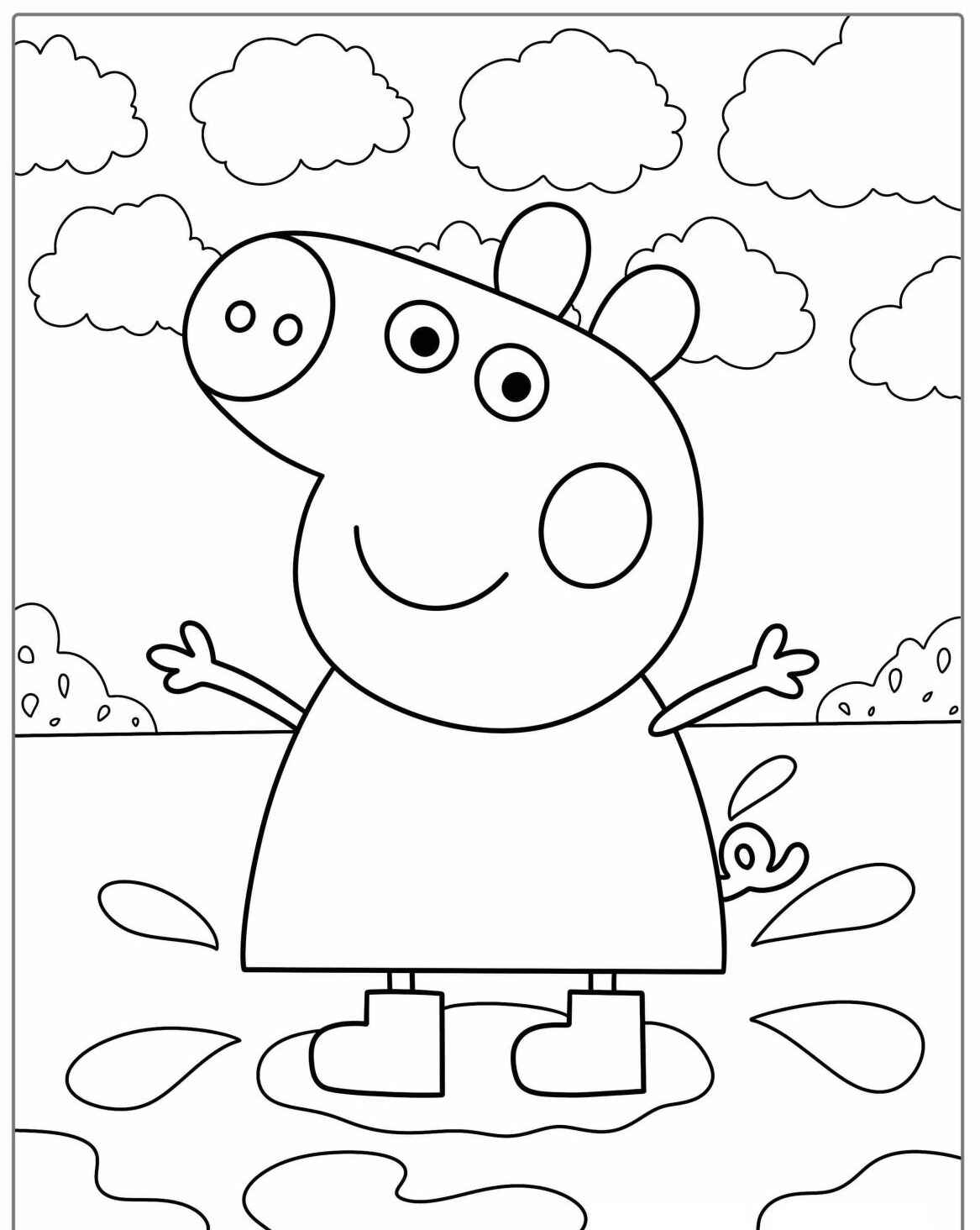 Desenho da Peppa Pig pulando em poça de água para colorir