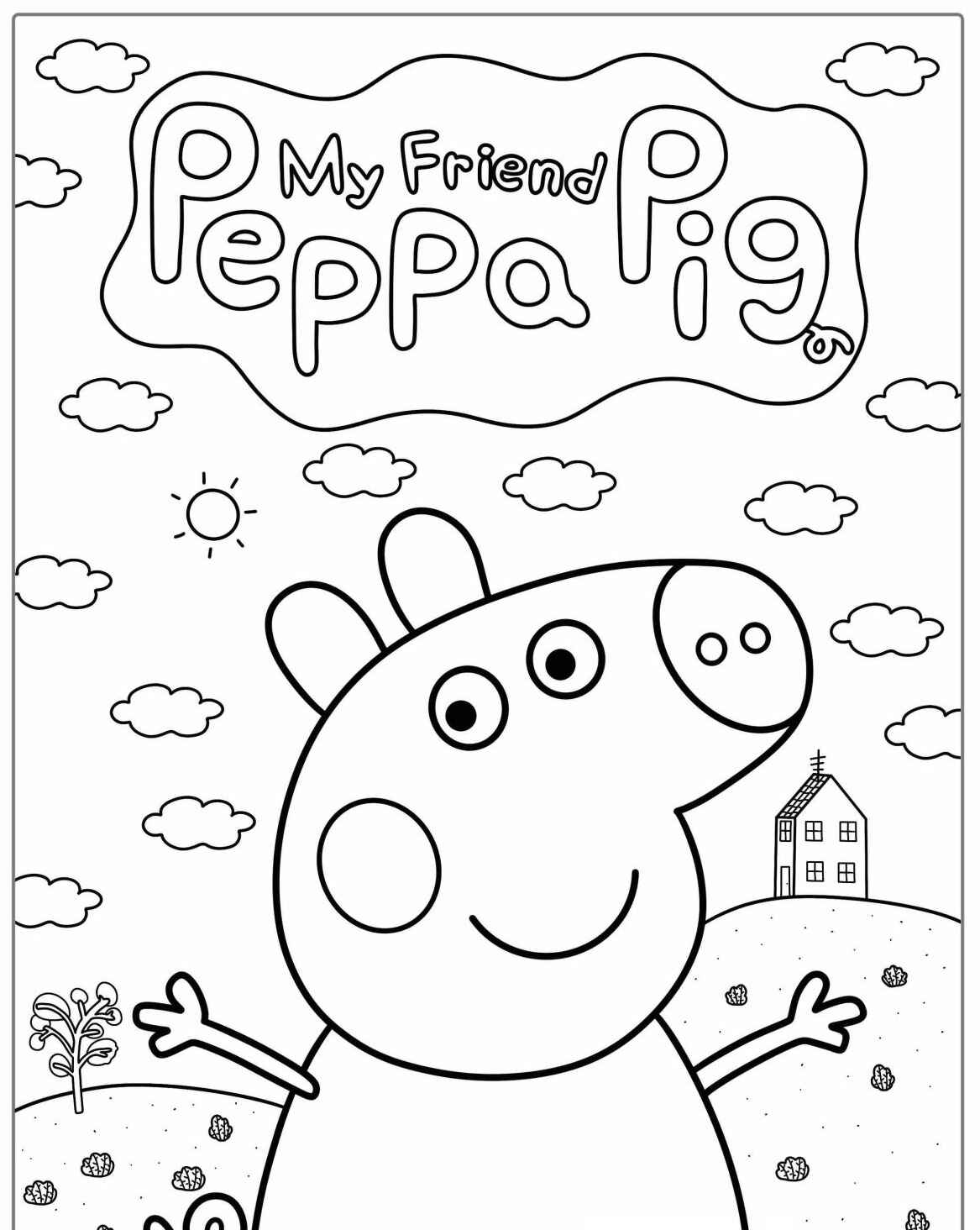 Desenho da Peppa Pig com nuvens e sol para colorir