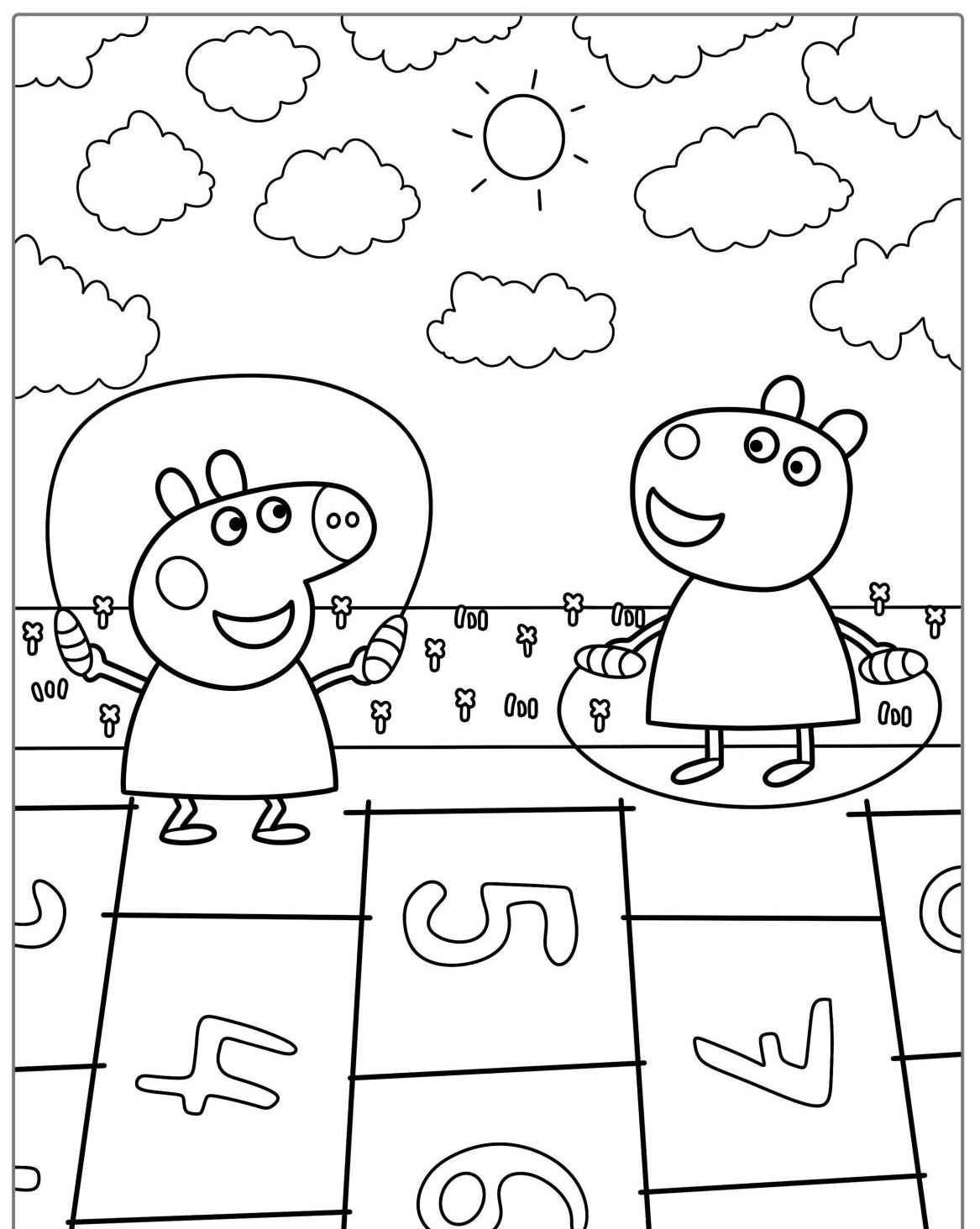 Desenho da Peppa Pig e George pulando corda para colorir