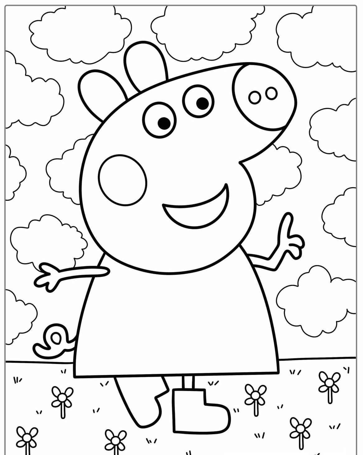 Desenho da Peppa Pig sorrindo em um campo para colorir