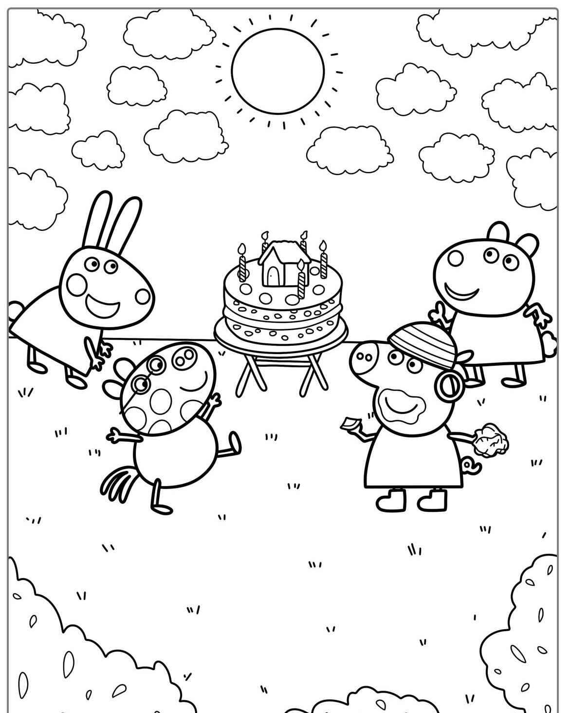 Desenho da Peppa Pig comemorando aniversário para colorir