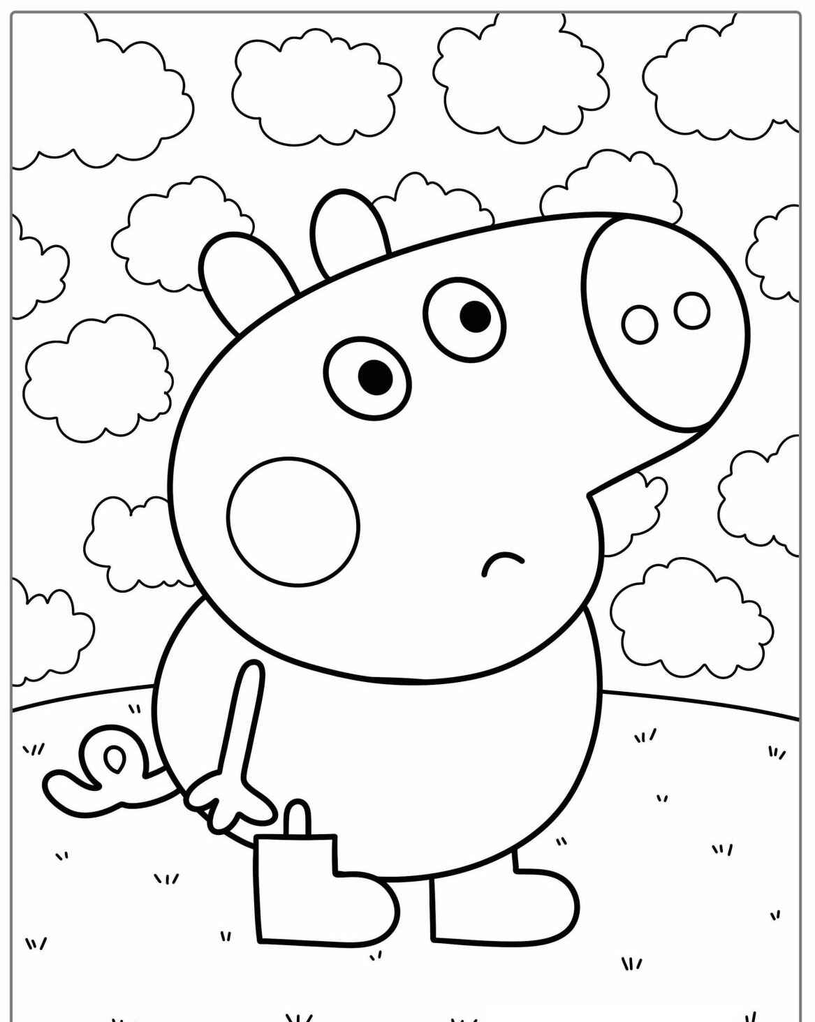 Desenho da George Pig em campo com nuvens para colorir