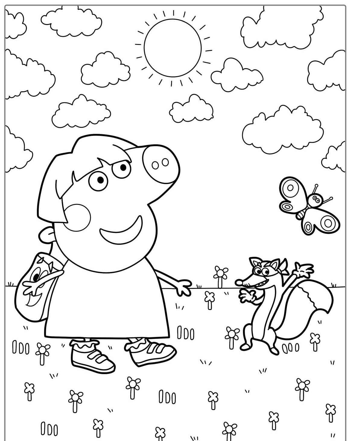 Desenho da Peppa Pig com um esquilo no parque para colorir