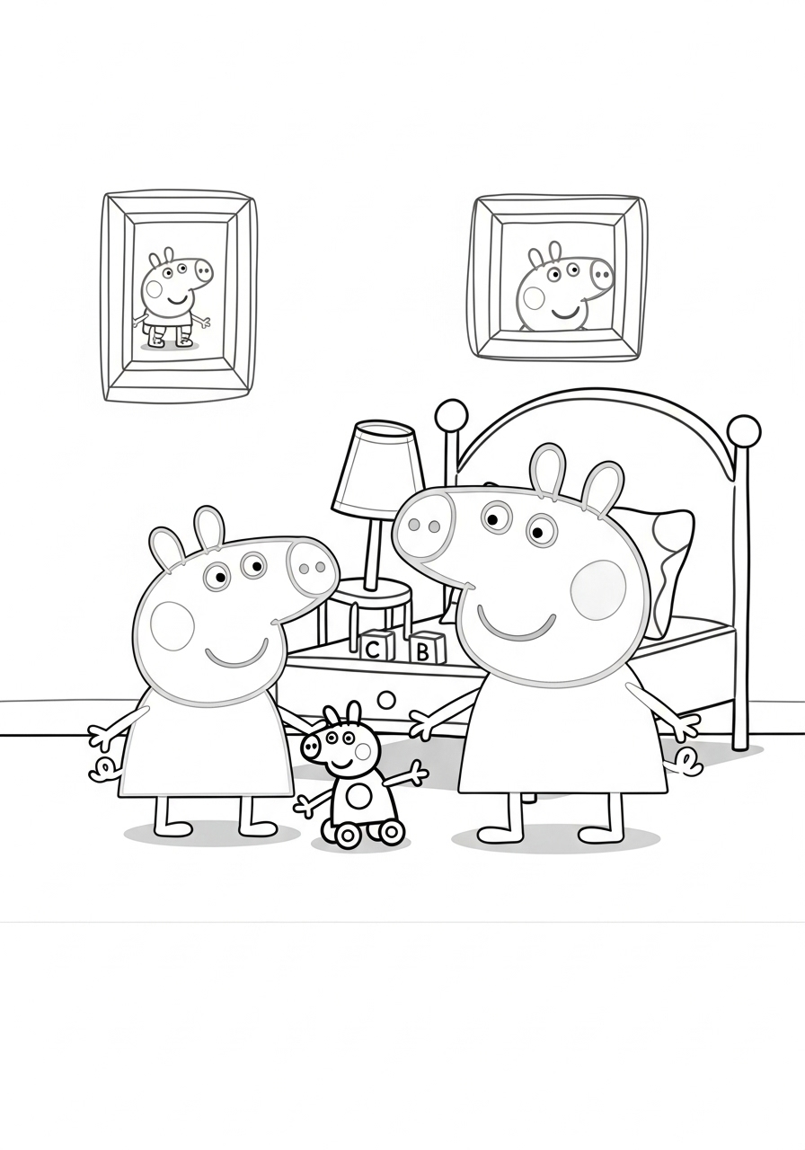 Desenho da Peppa Pig e Mamãe Pig com brinquedo para colorir