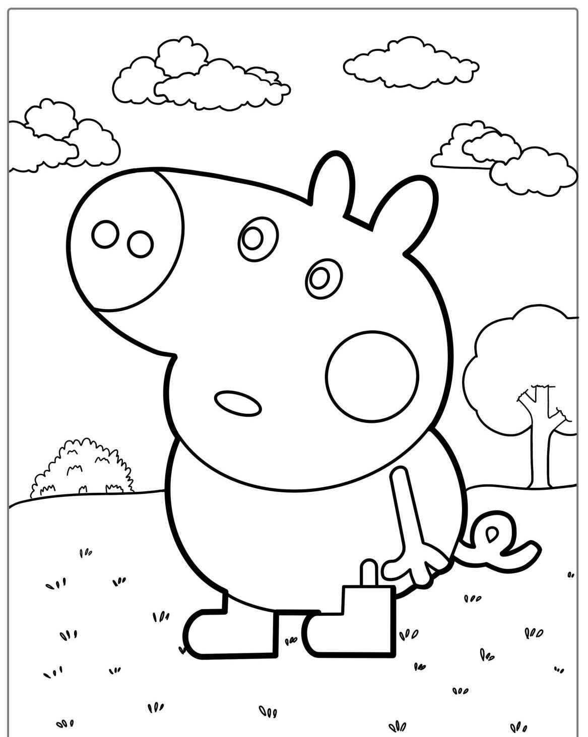Desenho da Peppa Pig em um campo com nuvens para colorir