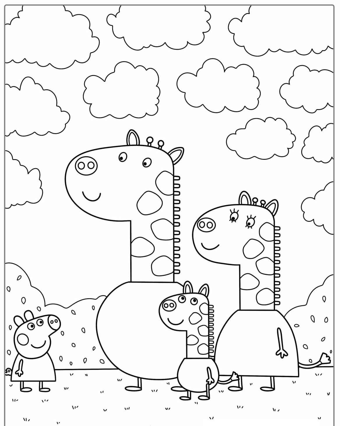 Desenho da Peppa Pig com sua família de girafas para colorir