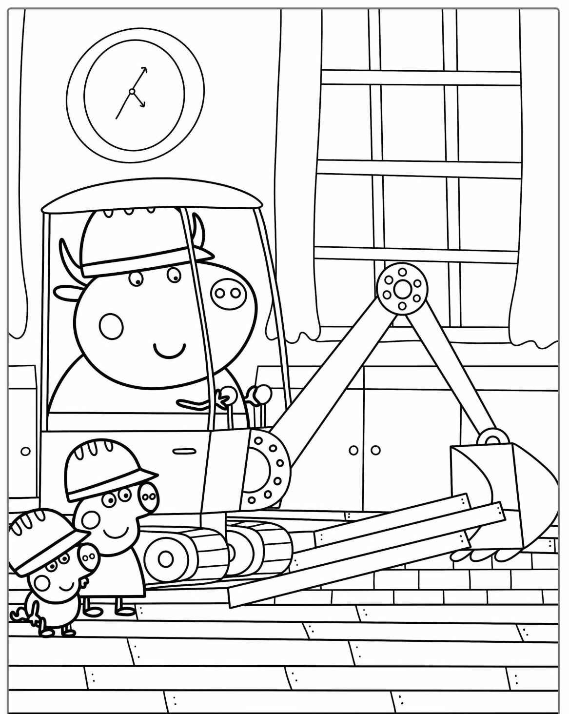 Desenho da Mamãe Pig e George com escavadeira para colorir