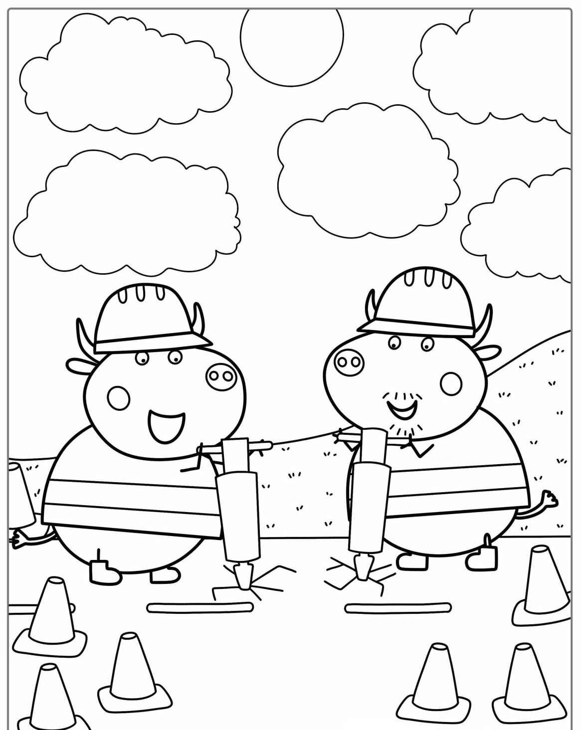 Desenho de Mamãe Pig e Papai Pig trabalhando em construção