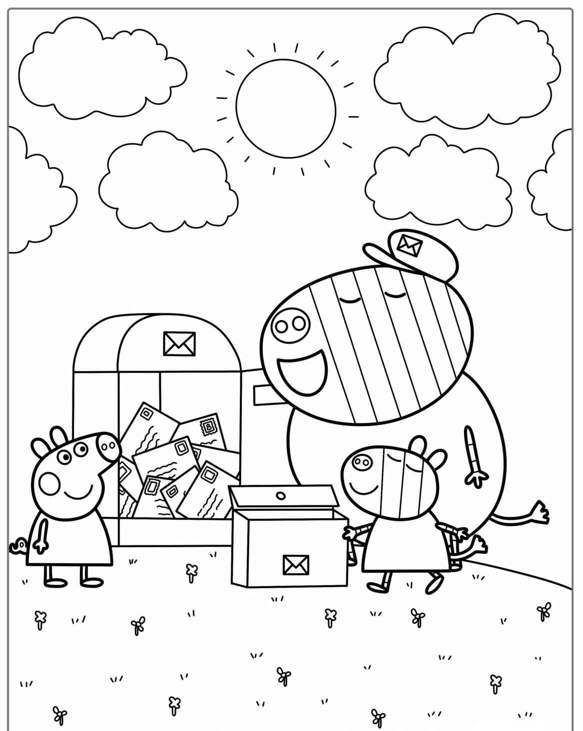 Desenho da Peppa Pig George e Papai Pig com cartas para colorir