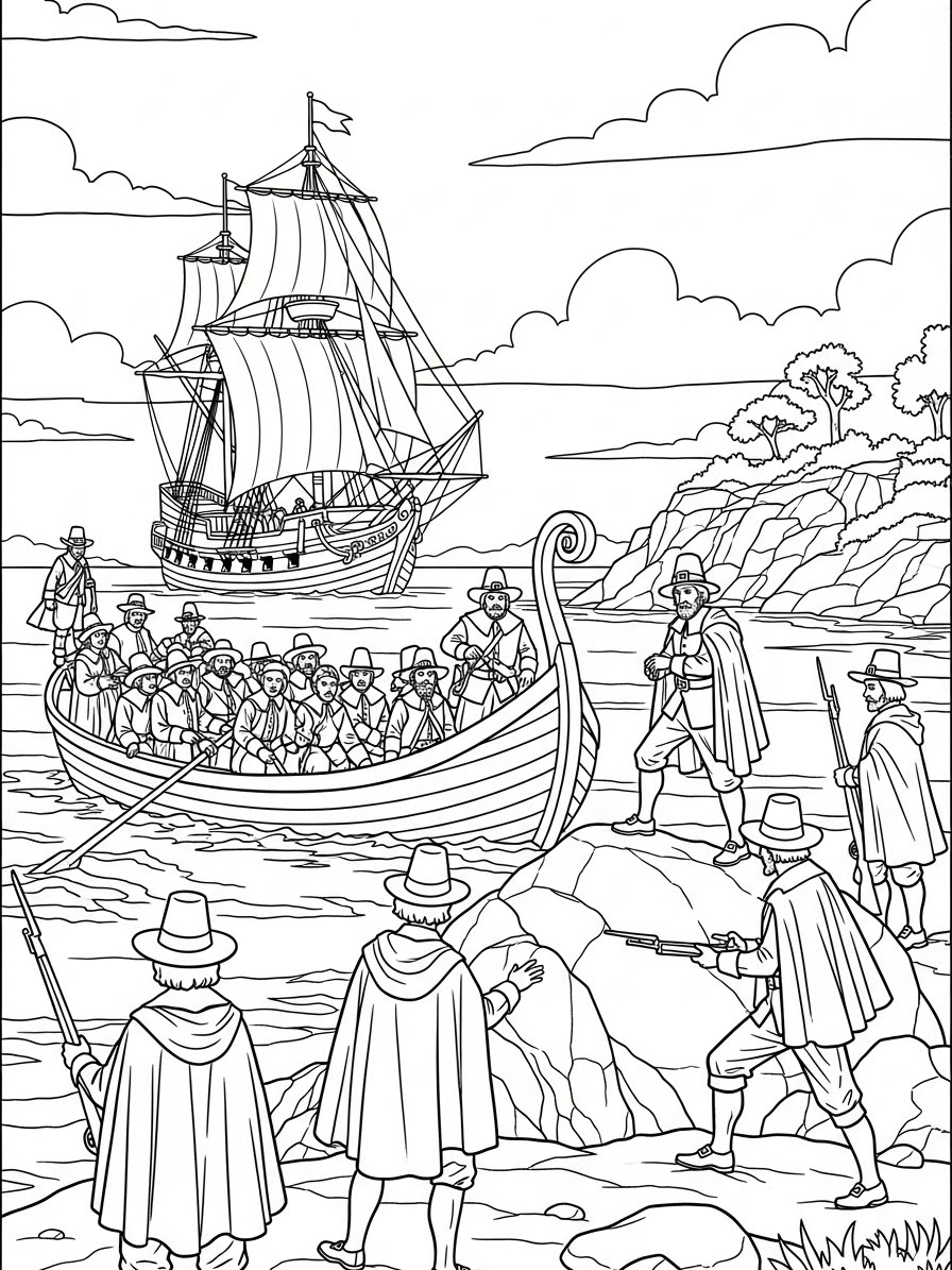 Desenho de Peregrino em um barco para colorir