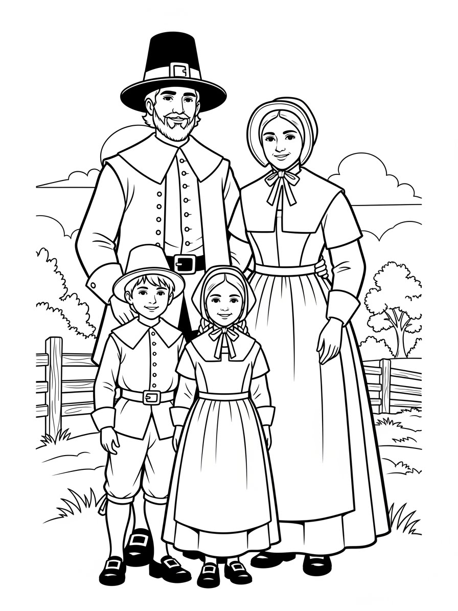Desenho de Peregrino em família para colorir