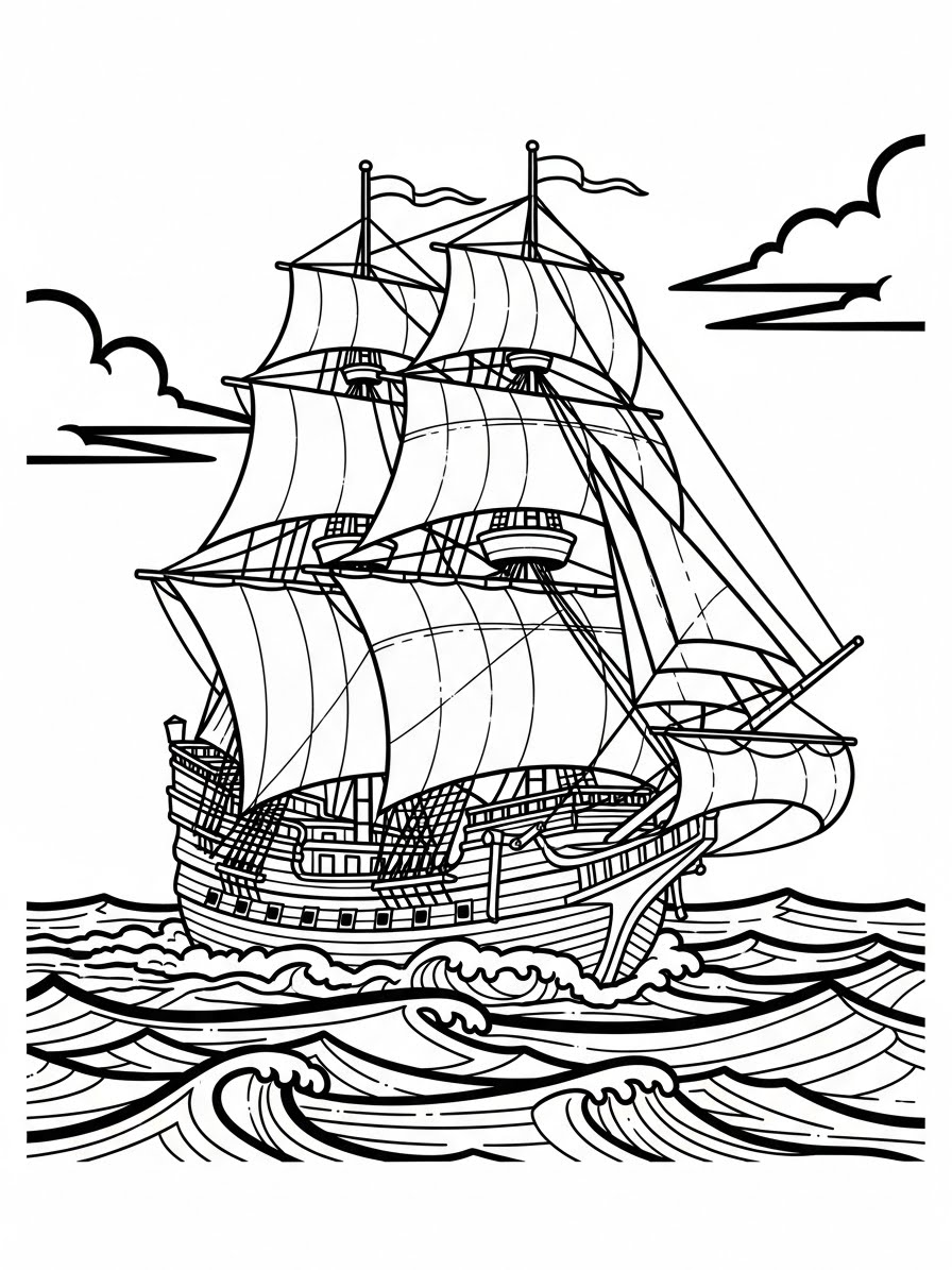 Desenho de Peregrino em um navio para colorir