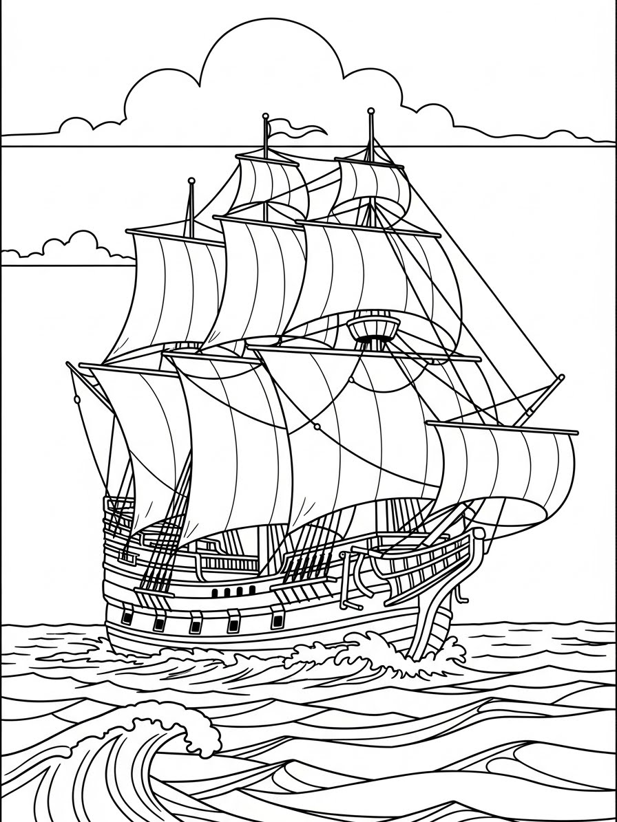 Desenho de Peregrino em um navio para colorir